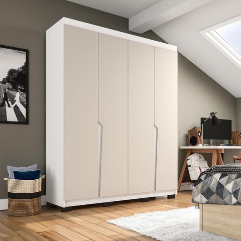 Roupeiro Solteiro Porto 4 Portas 4 Gavetas 161x214cm Branco/Creme 240824