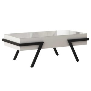 Mesa Centro Sala Retangular Tampo Branco Vidro Branco Base Cor Preta Ebano