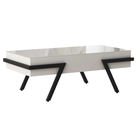 Mesa Centro Sala Retangular Tampo Branco Vidro Branco Base Cor Preta Ebano