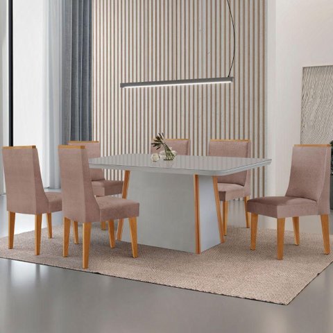 Mesa de Jantar Diane 180cm Tampo Mdf Vidro 6 Cadeiras Lisboa Moderna Linho Capuccino Off White