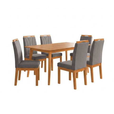 Conjunto Mesa Jantar 120x90 com 6 Cadeiras Blend Pés Madeira Maciça Design Elegante - Cinza Escuro