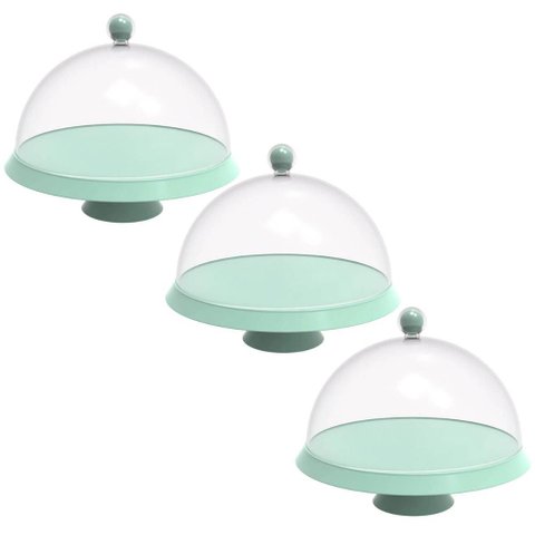 Kit 3 Porta Bolos 25cm Verde Menta com Cúpula e Pé Bubble Crippa Tortas Doces Boleira