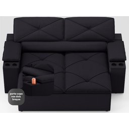 Sofá com Porta Copos Retrátil e Reclinável Pop 1,54m Velosuede Preto - Netsofas - 5