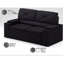 Sofá com Porta Copos Retrátil e Reclinável Pop 1,54m Velosuede Preto - Netsofas - 2