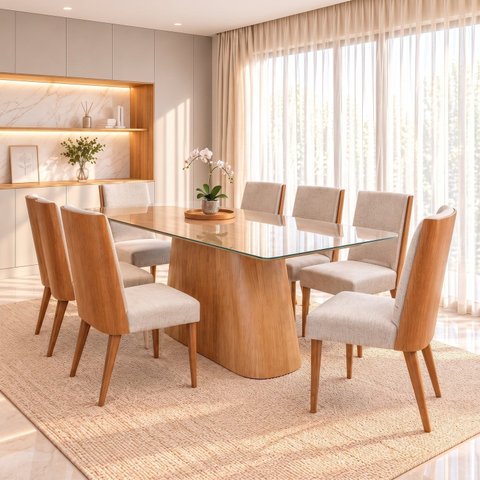 Conjunto Sala de Jantar Mesa Olivia 200cm Tampo MDF e Vidro Canto Arredondado 8 Cadeiras Anne