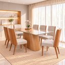 Ver imagem 1 de Conjunto Sala de Jantar Mesa Olivia 200cm Tampo MDF e Vidro Canto Arredondado 8 Cadeiras Anne