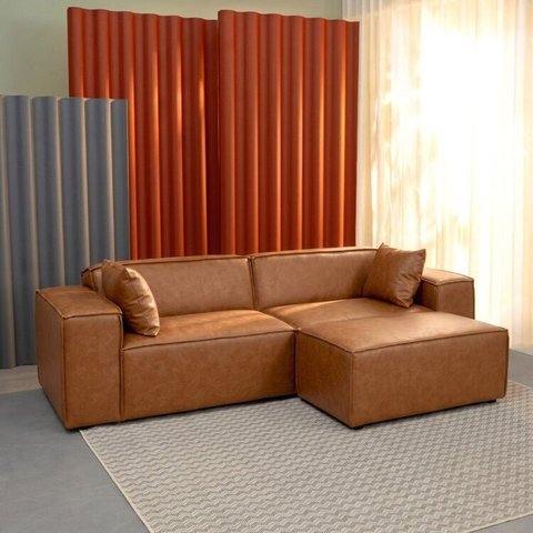 Conjunto Sofá 260cm e Puff 100cm Baobá CabeCasa MadeiraOriginals Cobre Courino Coffe