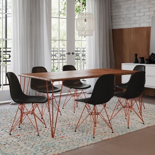 Conjunto De Mesa Eames Clips De Ferro Cobre Tampo Amêndoa 135x75 6 Cadeiras Cobre Assento Preto