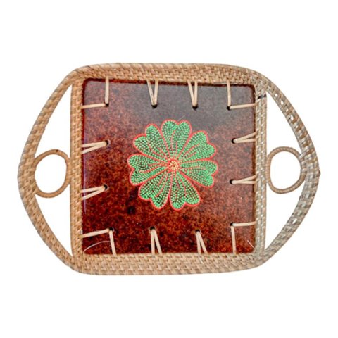 Bandeja Rattan e Ceramica Floral Pintada a Mao Indonesia 10