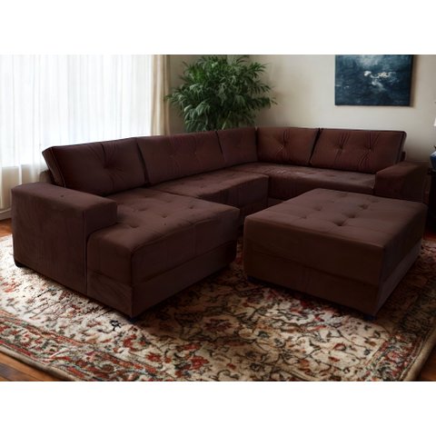 Sofa de Canto Toro e Puff Bom Descanso Veludinho Marrom