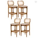 Ver imagem 1 de Kit 4 Banquetas Alta para Bancada Decor Encosto Rattan Madeira Imbuia Linho Marrom L87 Rmi
