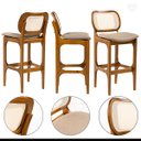 Ver imagem 2 de Kit 4 Banquetas Alta para Bancada Decor Encosto Rattan Madeira Imbuia Linho Marrom L87 Rmi