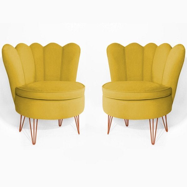 Kit 2 Poltronas Dália com 2 Puff Chloe Pés Hairpin Legs Bronze Suede Amarelo - 2