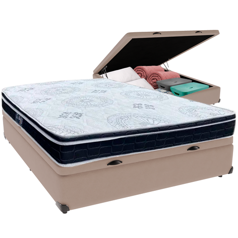 Cama Box Baú Bege e Colchão Orthosono D33 com Pillow Top Casal Anjos