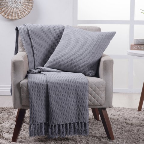 Manta Decorativa para Sofá Boho Favo de Mel Cinza