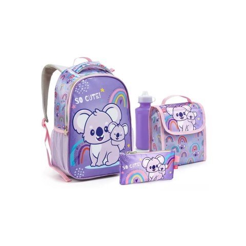 Kit Mochila + Lancheira Térmica + Estojo Simples + Garrafa Coala Lilás - Seanite