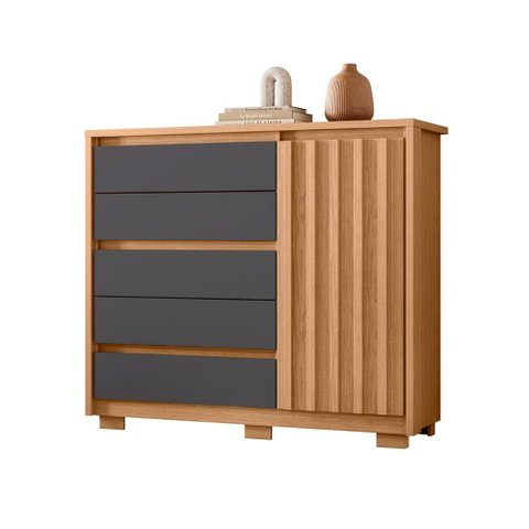 Cômoda Sapateira Quarto Duetto 05 Gavetas e 1 Porta Ripada Freijo/titanium