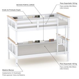 Beliche Solteiro Import com Porta Livros Madeira Maciça Branco/mel Housin - 4