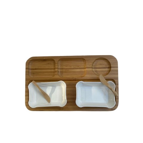 Petisqueira de Bambu 4 Espaços e 2 Cumbucas Porcelana Nt Tuut