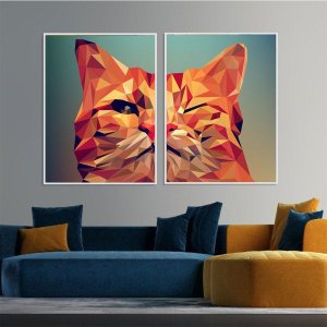 Quadro Canvas Decorativo para Sala 2 Telas Gato Geométrico 42x30