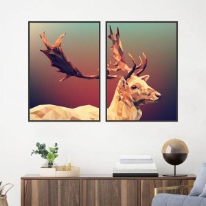 Quadro Canvas Decorativo para Sala 2 Telas Cervo Geométrico 1,30x1,00