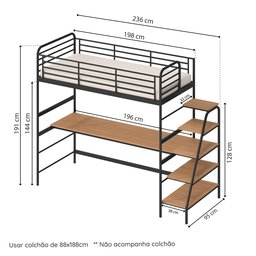 Cama Alta com Escrivaninha Multifuncional em Ferro Aço Carbono Tubular Teko Casatema - 3