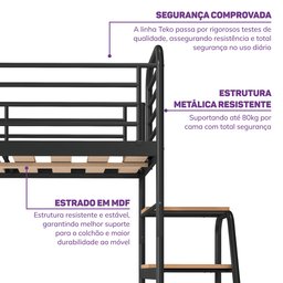 Cama Alta com Escrivaninha Multifuncional em Ferro Aço Carbono Tubular Teko Casatema - 5
