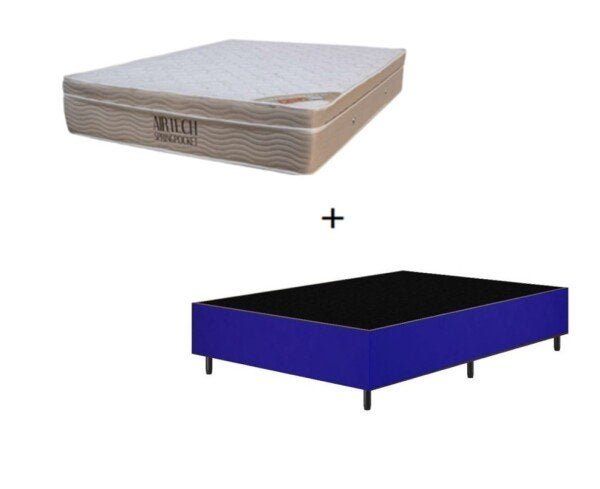 Base Box Casal 138 Tecido Sintético Azul com Colchão Ortobom Airtech Spring Pocket D26 Bege - 1