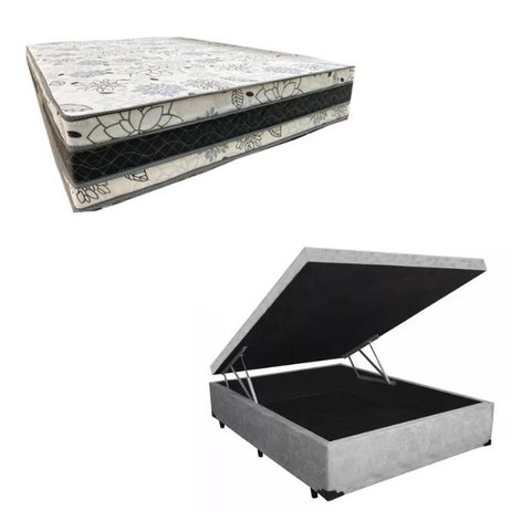 Cama Base Box Baú Casal Super Confort Suede Cinza + Colchão Casal Super Confort D33 28x138x188
