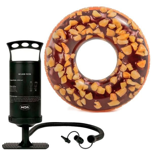 Kit Boia Inflável Donut Chocolate + Inflador Bomba de Ar Manual - 1