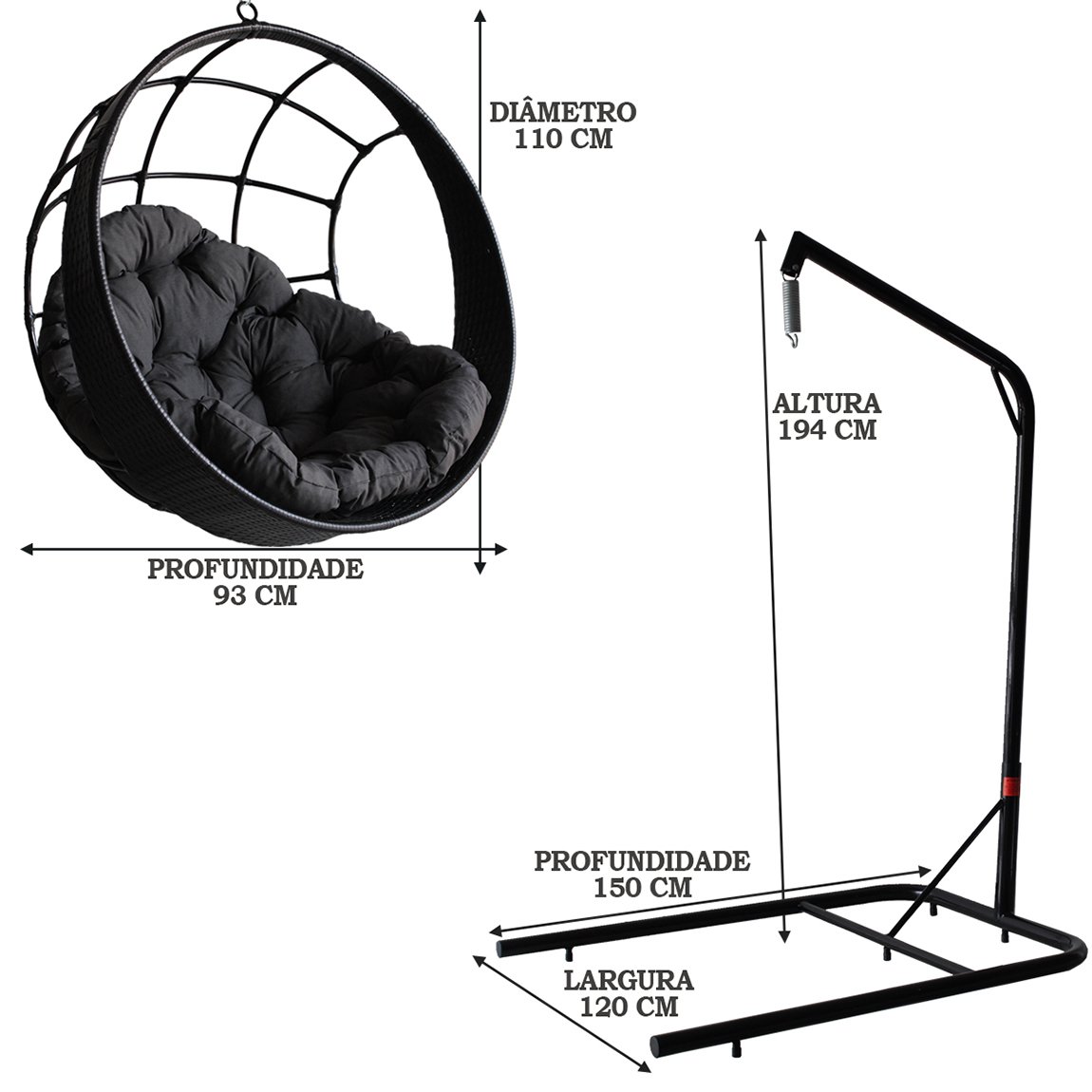 Ninho Balanço Suspenso em Fibra Sintética , Almofada Cinza, Mola e Mosquetão e Suporte - Preto - 3