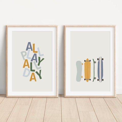 Kit 2 Quadros Decorativos Infantil - Skate NO2 - 30x40 - Moldura Madeira