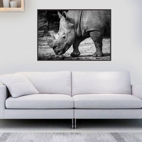 Quadro Canvas Decorativo para Sala Rinoceronte P&b 80x1,00