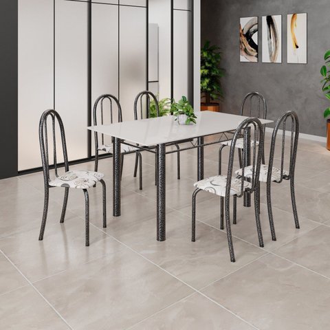 Conjunto de Mesa Tubular 140cm x 75cm Tampo em Vidro com 6 Cadeiras Iris B Prata/Mart