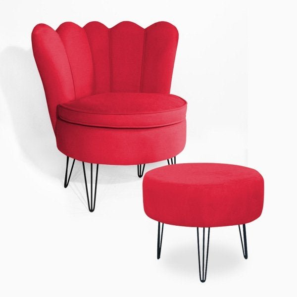 Poltrona Decorativa Dália com Puff Chloe Hairpin Legs Preto Suede Vermelho - 1