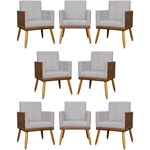 Kit 8 Poltronas Decorativas Lis Corino e Linho Cores Pé Palito 30 Cm Castanho