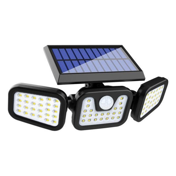 Luminária Solar 3 Cabeças 74 LEDs Sensor Proximidade Parede Articuladas Ajustavel Giratoria