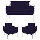 Ver imagem 1 de Kit 02 Poltronas + Namoradeira Pé Metal Preto Recepção Sala Cor:azul Marinho