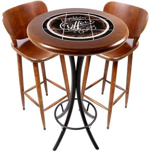 Cj Mesa Madeira Azulejo 60cm - Bistrô Fixa 98cm + 2 Banquetas 73 - Natural - Coffee