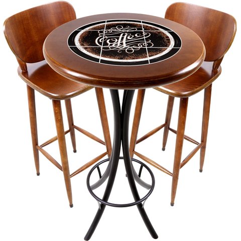Cj Mesa Madeira Azulejo 60cm - Bistrô Fixa 98cm + 2 Banquetas 73 - Natural - Coffee