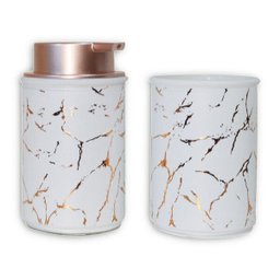 Kit Saboneteira Para Banheiro Lavabo Porta Escova Vidro Luxo - Rosa - 1