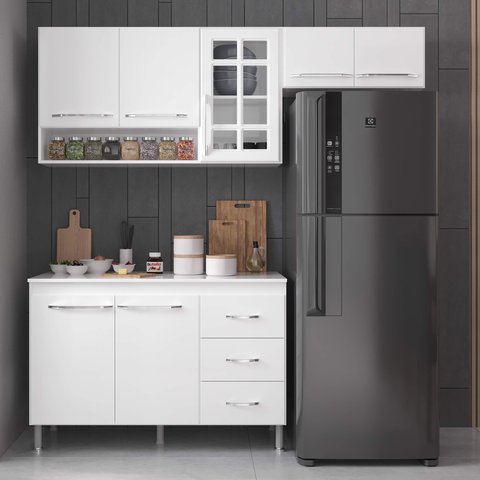 Armário de Cozinha Modulada Compacta Fidelitá Viena 3 Peças 190cm 7 Portas 3 Gavetas com Tampo
