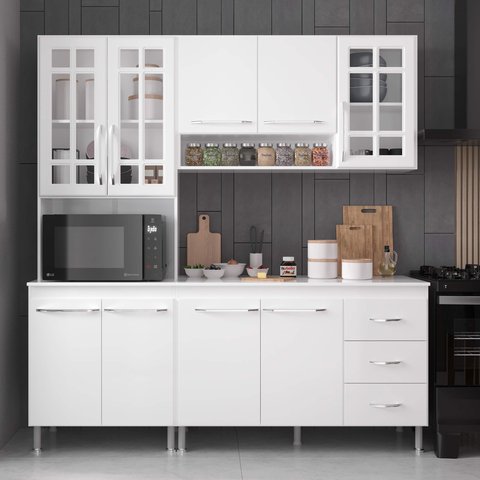 Armário de Cozinha Modulada Compacta Fidelitá Viena 3 Peças 190cm 9 Portas 3 Gavetas com Tampo