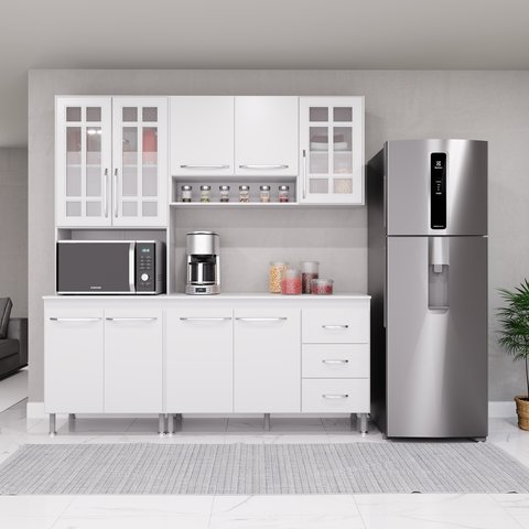 Cozinha Modulada Compacta Fidelitá Viena 3 Peças 190cm 9 Portas 3 Gavetas com Tampo