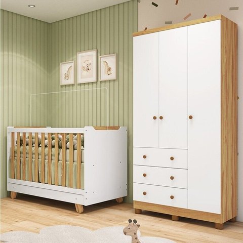 Quarto de Bebê com Guarda-Roupa 3 Portas e Berço 4 em 1 Minicama 100% MDF Mike Espresso Móveis Branc