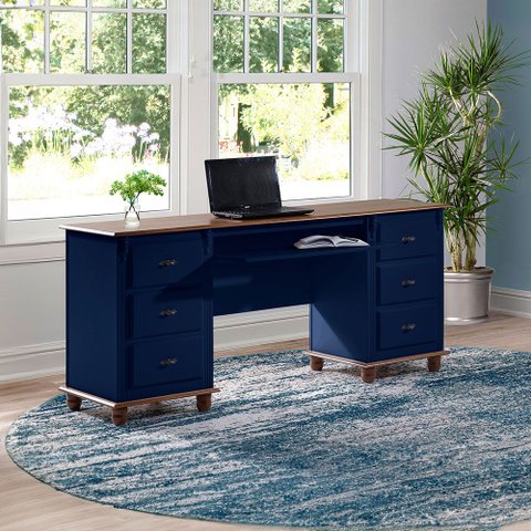 Escrivaninha 6 Gavetas Suporte de Teclado Divisor de Ambiente 50606 Linz Móveis-azul Petróleo/imbuia