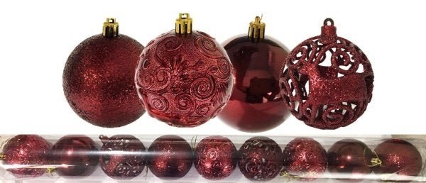 Jogo 9 Bolas Natal Mista Textura Arabescos Rena Vinho 6cm - Master Christmas