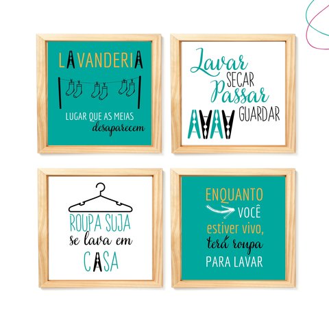 Kit com 4 Quadros Decorativos Lavanderia Moldura e Vidro:pinus
