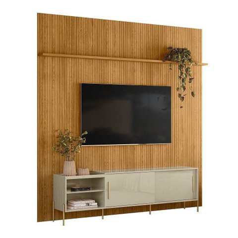 Painel para TV com Rack Orlando 75" 238cm MDF-MDP Portas de Correr Cumaru e Opala Madetec Móveis