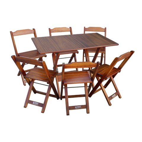Conjunto de Mesa Dobrável de Madeira 70x110cm com 6 Cadeiras Imbuia